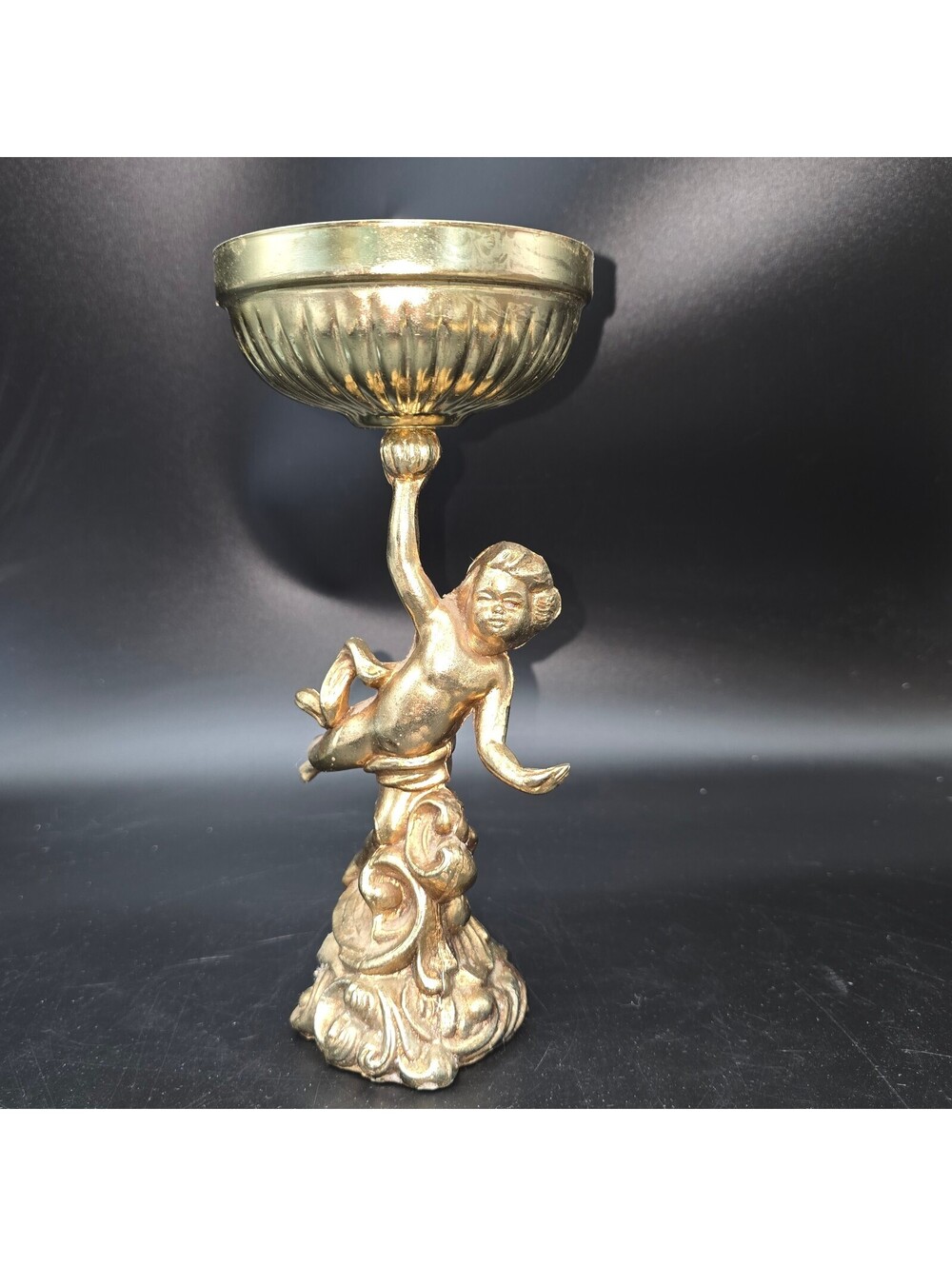 Vintage Mid Century Modern Brass Cherub Cupid Pedestal Hollywood Regency 9"